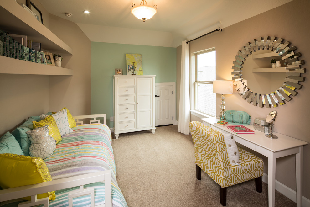 Small classic teen’s room for girls in Houston with beige walls and carpet.