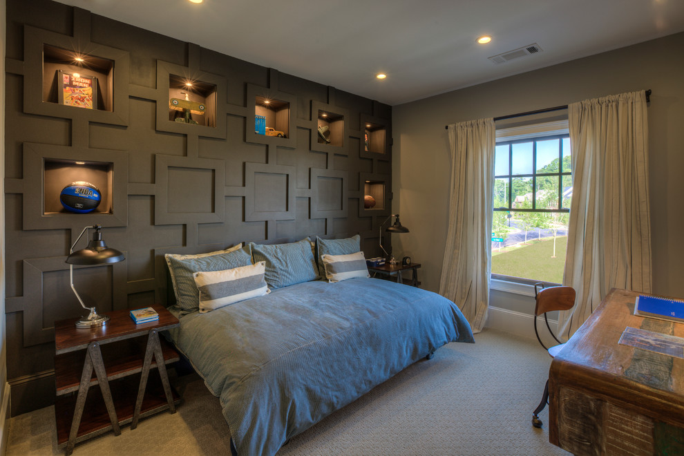 Design ideas for a medium sized traditional teen’s room for boys in Atlanta with grey walls and carpet.