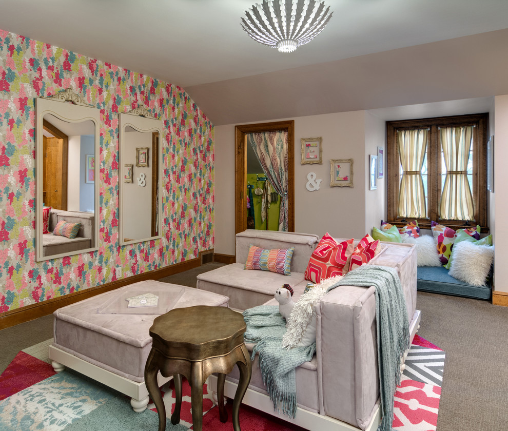 Foto de dormitorio infantil de 4 a 10 años ecléctico de tamaño medio con paredes grises y moqueta