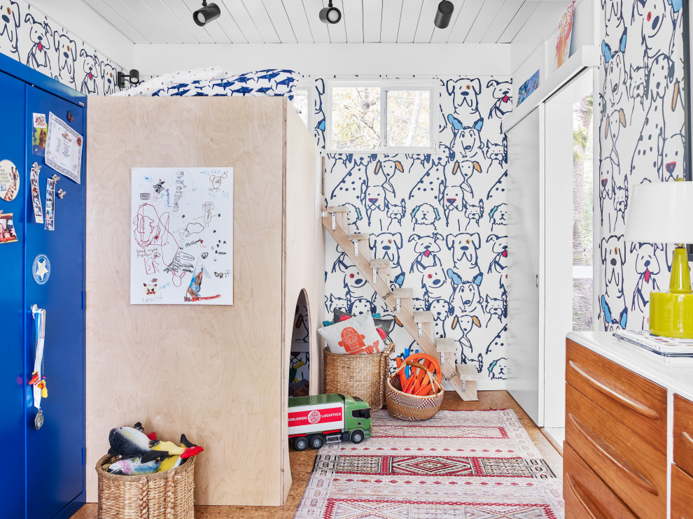 Contemporary gender neutral children’s room in Atlanta with multi-coloured walls, cork flooring, brown floors, a timber clad ceiling and wallpapered walls.