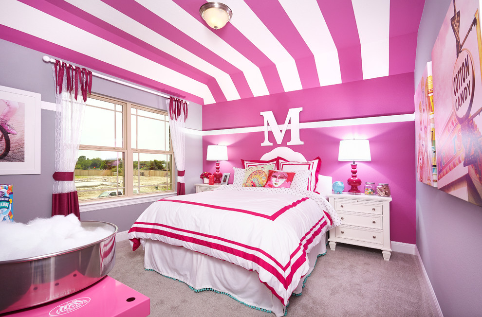 Kids' bedroom - mid-sized girl carpeted kids' bedroom idea in Austin with pink walls