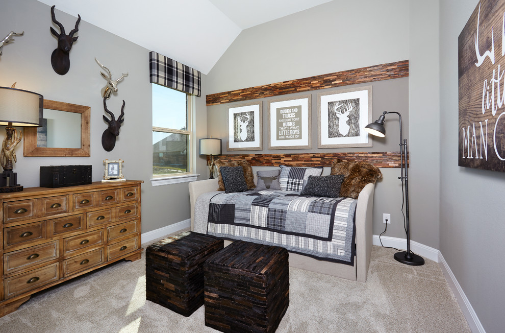 Example of a large mountain style boy carpeted and beige floor kids' bedroom design in Dallas with gray walls