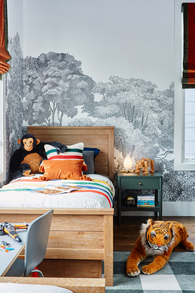 Example of a mid-sized eclectic gender-neutral medium tone wood floor and wallpaper kids' room design in San Francisco with gray walls