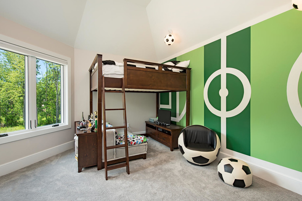 Свежая идея для дизайна: детская среднего размера в стиле неоклассика (современная классика) с спальным местом, зелеными стенами, ковровым покрытием и серым полом для ребенка от 4 до 10 лет, мальчика, двоих детей - отличное фото интерьера