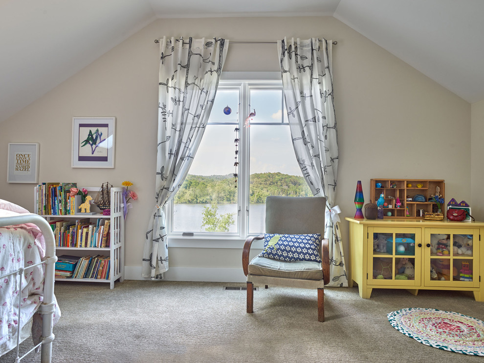 Diseño de dormitorio infantil de 4 a 10 años de estilo americano de tamaño medio con moqueta y suelo gris
