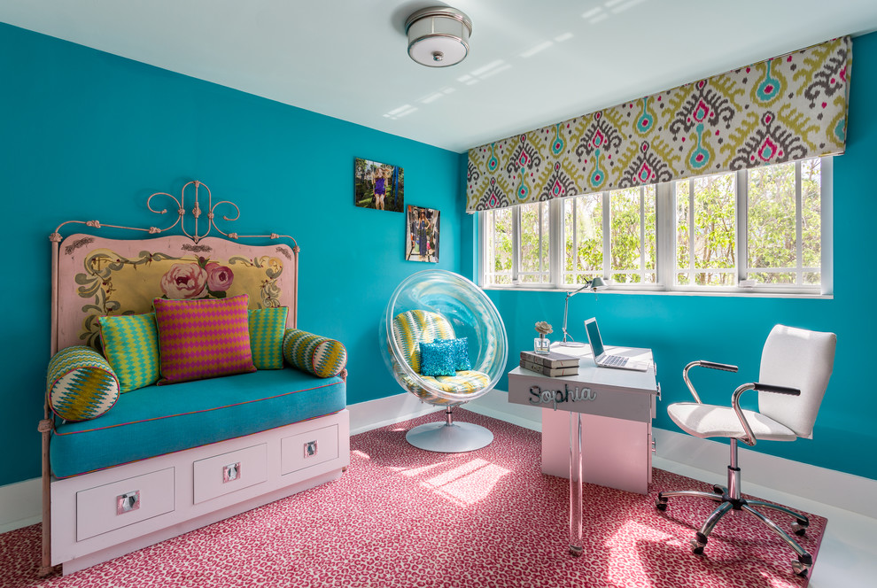 Diseño de dormitorio infantil ecléctico grande con paredes azules