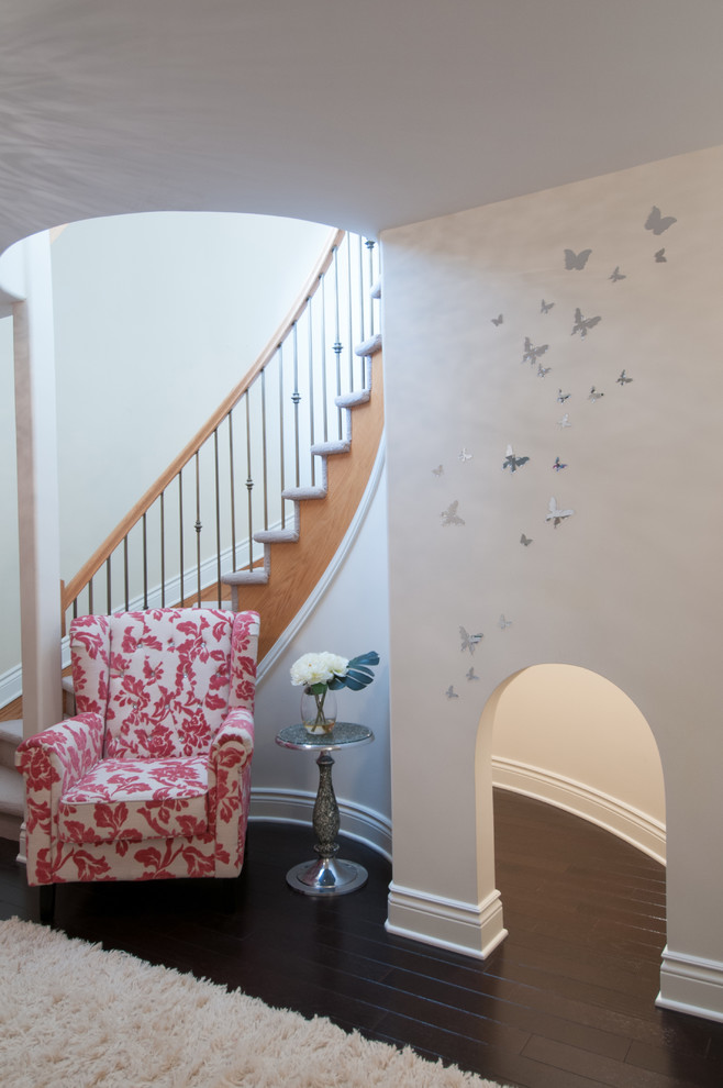 Playroom - contemporary dark wood floor playroom idea in Ottawa with white walls