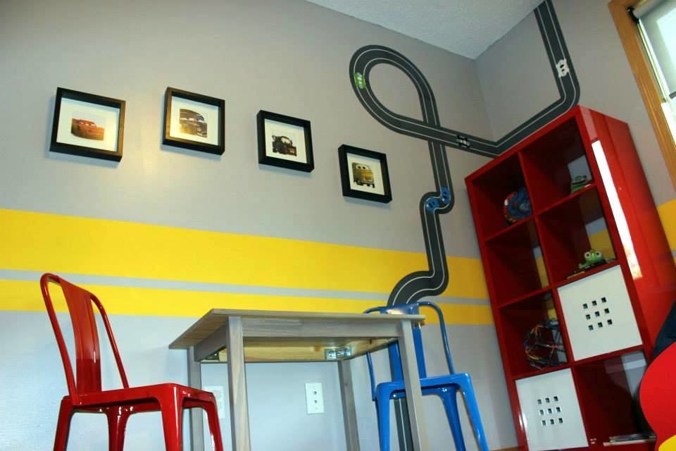 Inspiration for a medium sized contemporary toddler’s room for boys in Minneapolis with grey walls, vinyl flooring and brown floors.