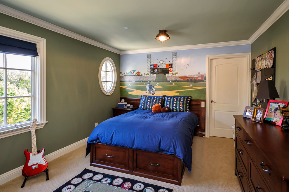 Diseño de dormitorio infantil de 4 a 10 años clásico extra grande con paredes azules y moqueta