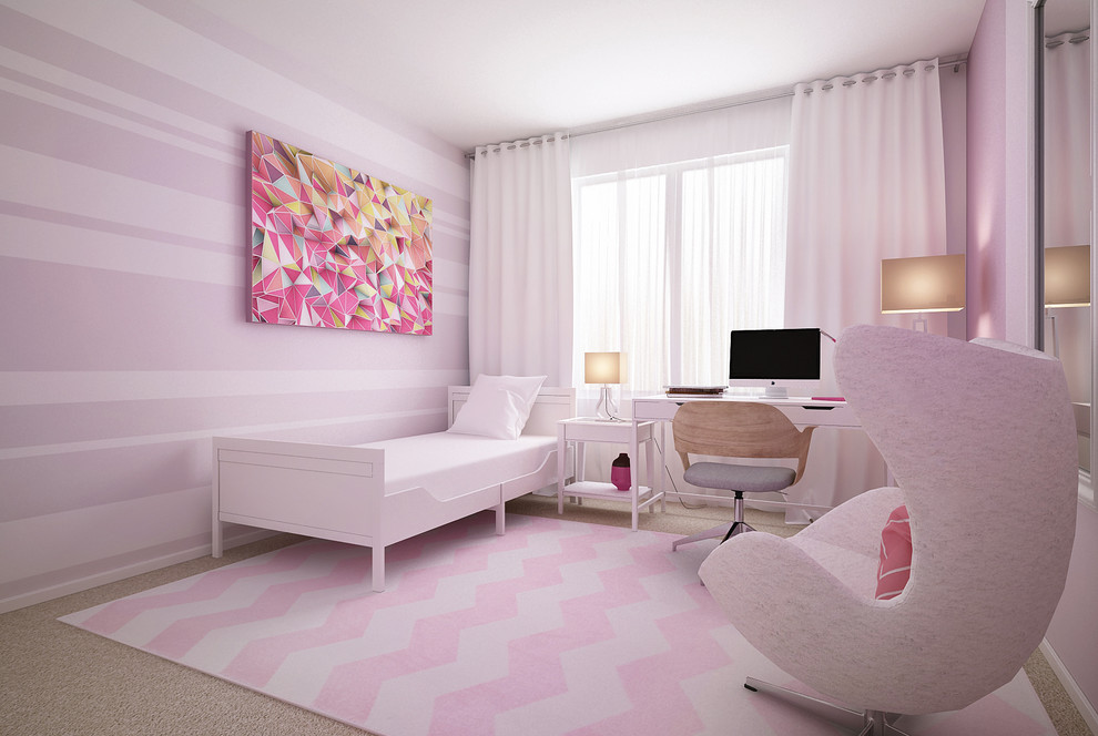 Mittelgroßes Modernes Mädchenzimmer mit Schlafplatz, braunem Holzboden und lila Wandfarbe in New York