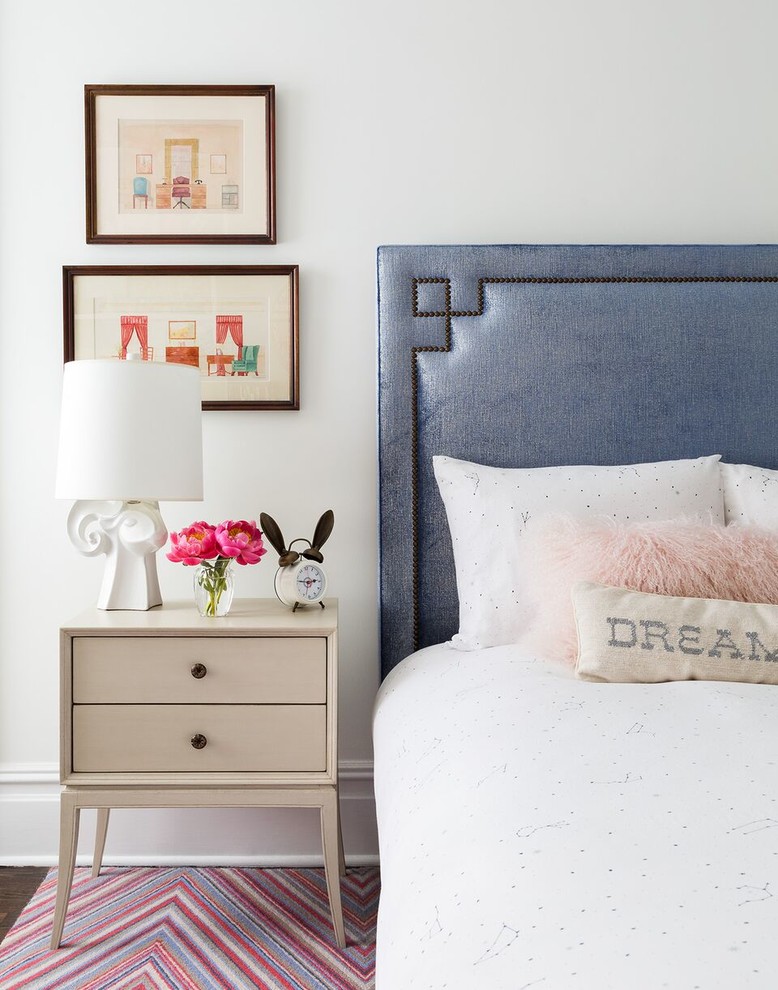 Design ideas for a traditional teen’s room for girls in New York with white walls.
