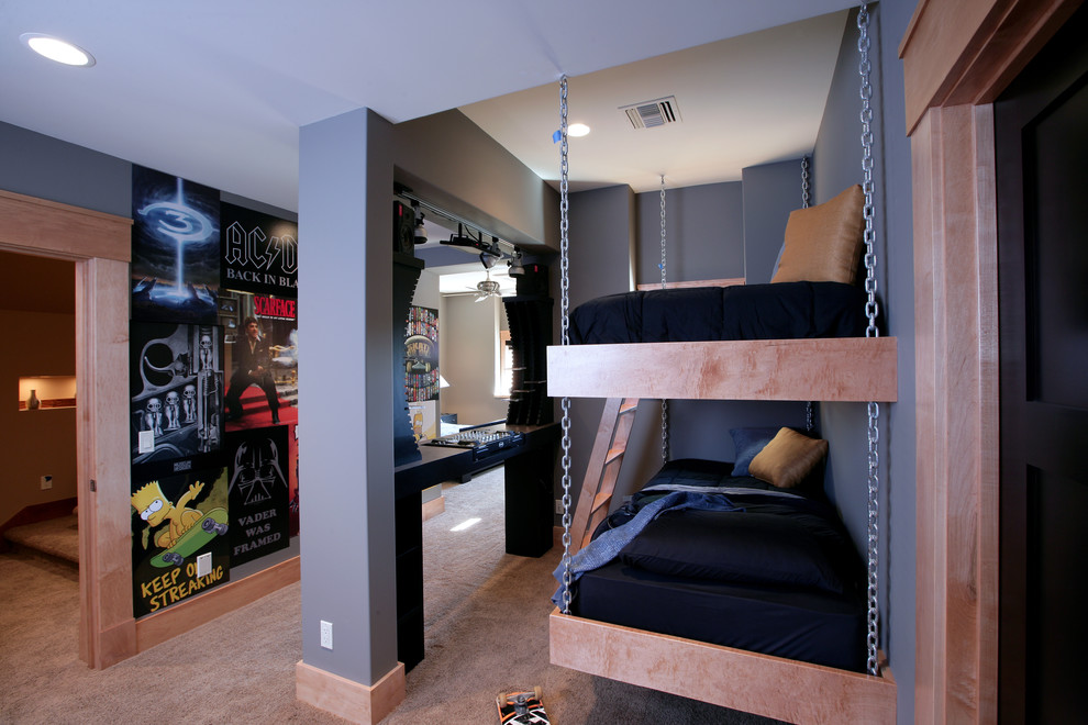 Aménagement d'une chambre de garçon contemporaine avec un lit superposé.