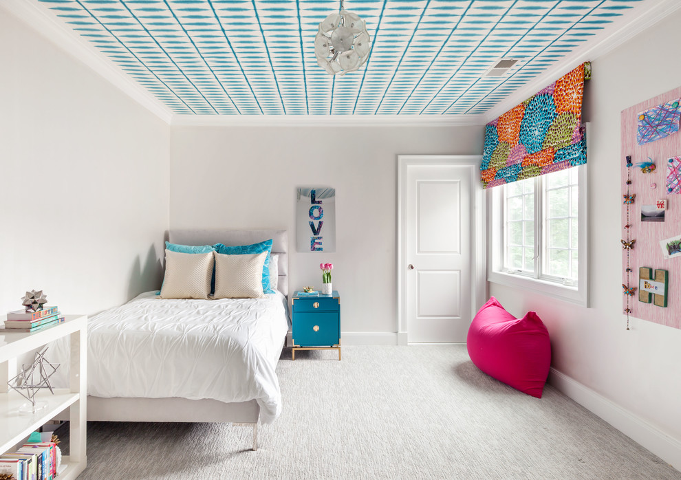 Traditional kids' bedroom for girls in New York with grey walls, carpet and grey floors.