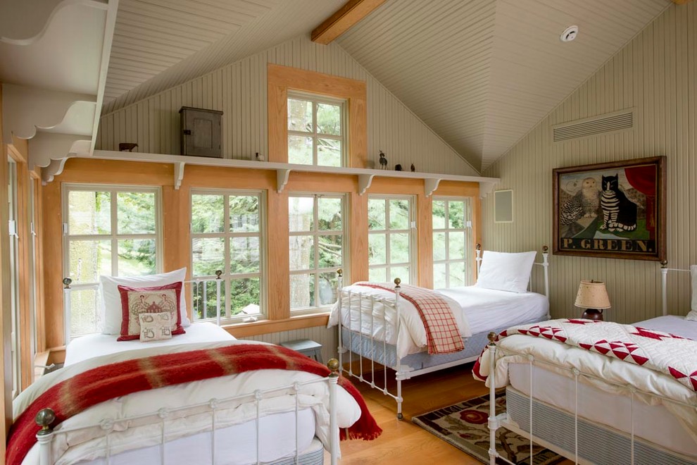 This is an example of a medium sized traditional children’s room for girls in New York with grey walls and medium hardwood flooring.