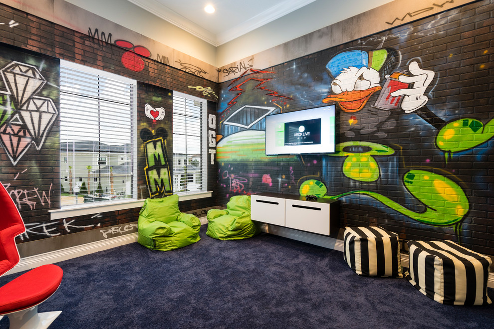 Photo of a contemporary kids' bedroom for boys in Orlando with multi-coloured walls, carpet and blue floors.