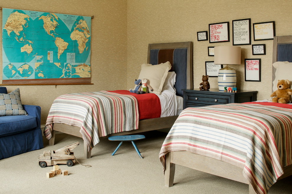 Design ideas for a classic gender neutral children’s room in New York with carpet and yellow walls.