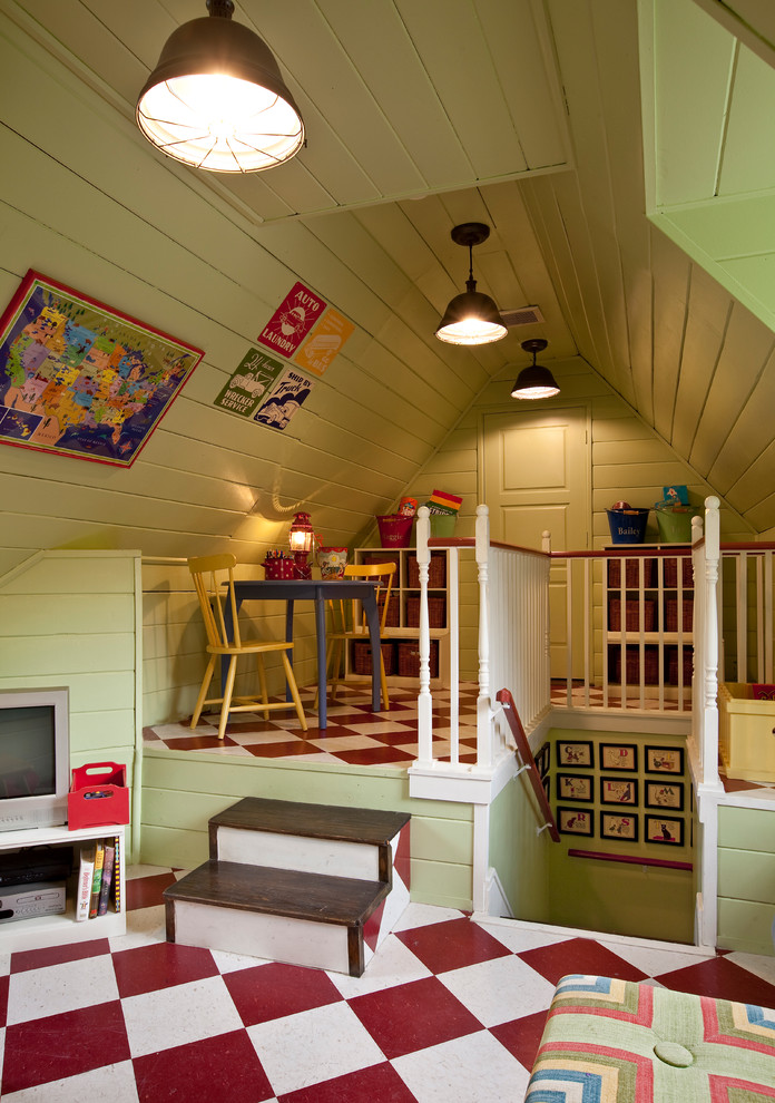 Elegant gender-neutral multicolored floor playroom photo in Los Angeles with green walls