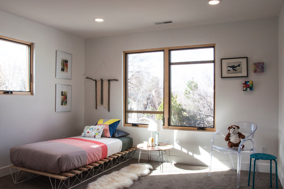Mid-sized trendy gender-neutral carpeted and brown floor kids' room photo in Salt Lake City with white walls