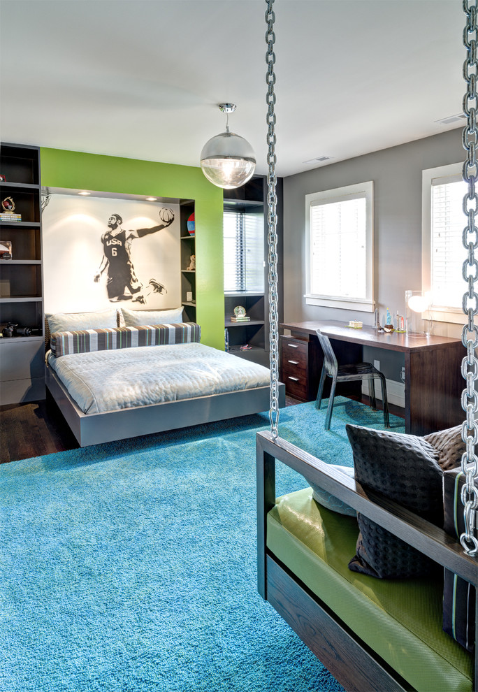 Example of a mid-sized trendy boy dark wood floor kids' room design in New York with gray walls