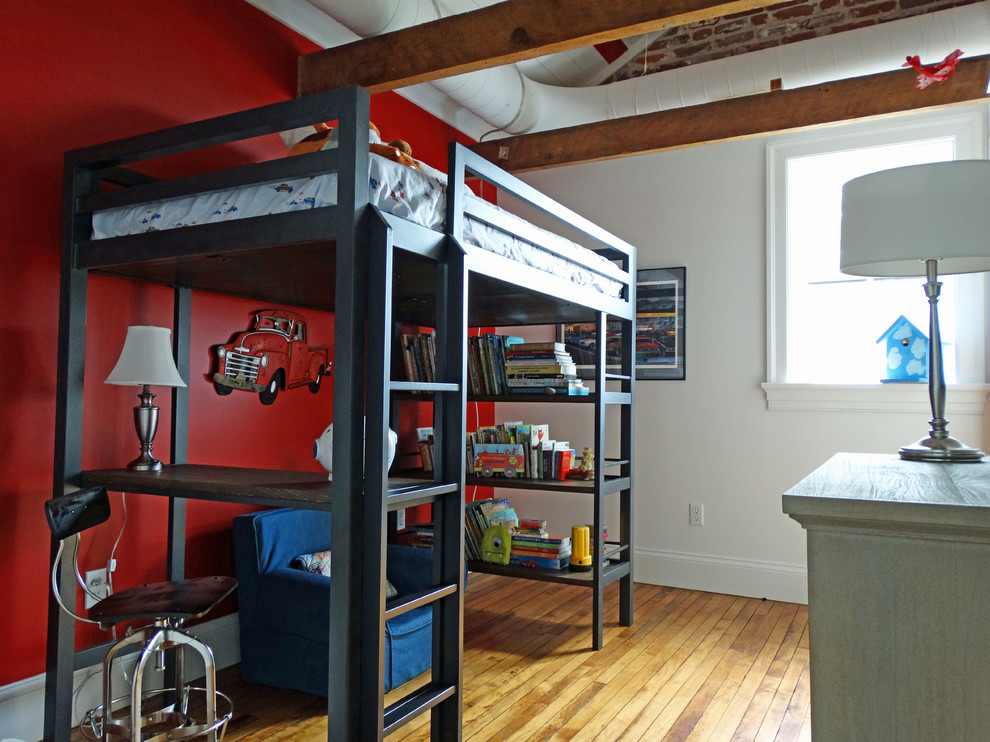 Example of a small urban light wood floor kids' room design in Minneapolis with multicolored walls