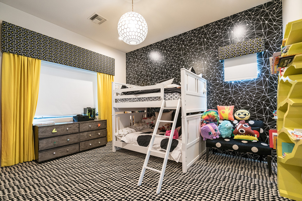 Источник вдохновения для домашнего уюта: нейтральная детская в современном стиле с спальным местом, белыми стенами, ковровым покрытием и разноцветным полом для двоих детей