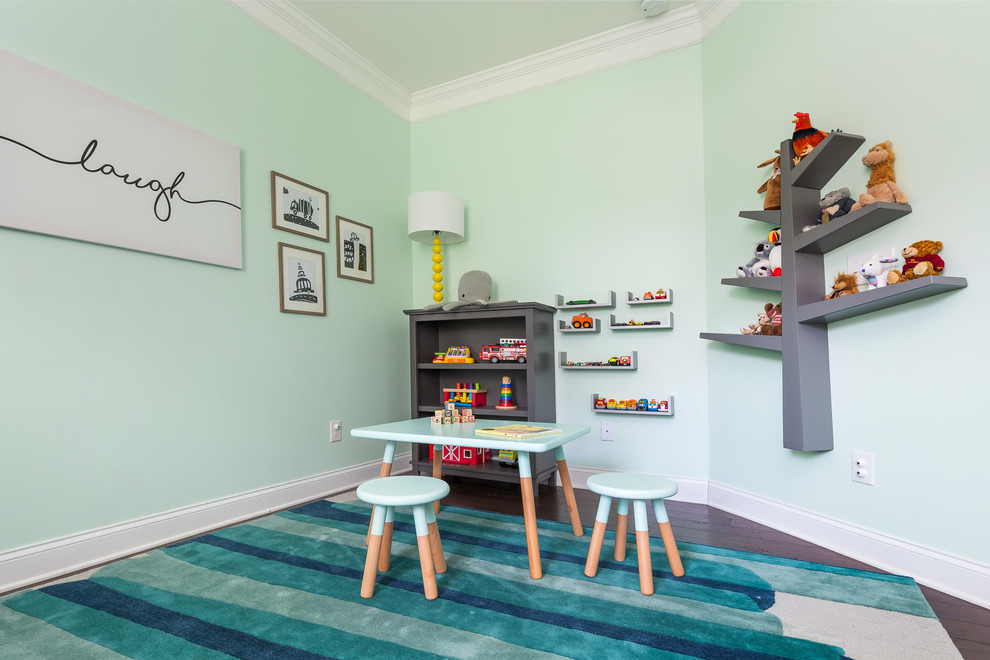 Medium sized classic gender neutral kids' bedroom in Raleigh with green walls and dark hardwood flooring.