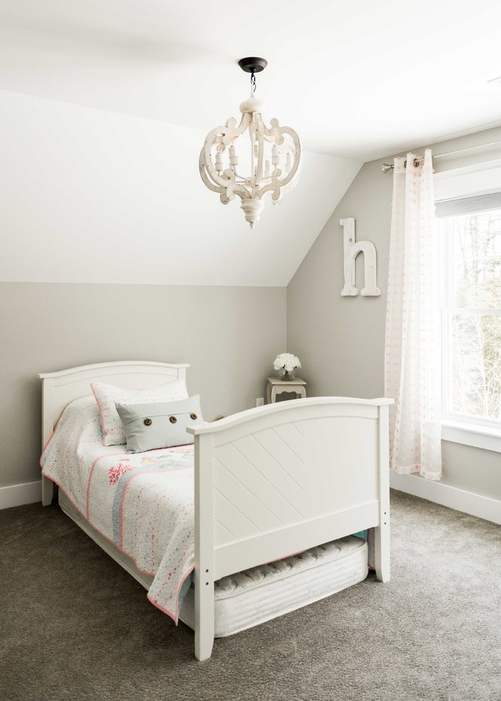 Inspiration for a mid-sized cottage girl carpeted and gray floor kids' room remodel in Portland Maine with gray walls