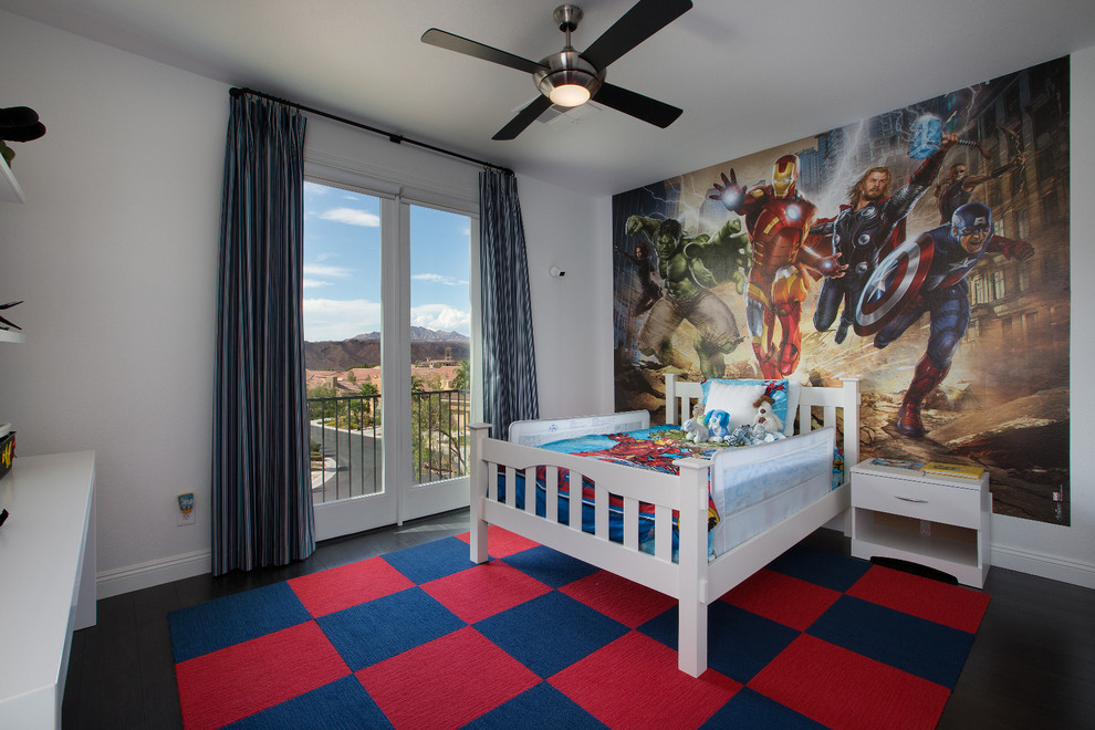 Contemporary children’s room for boys in Las Vegas with white walls and wallpapered walls.