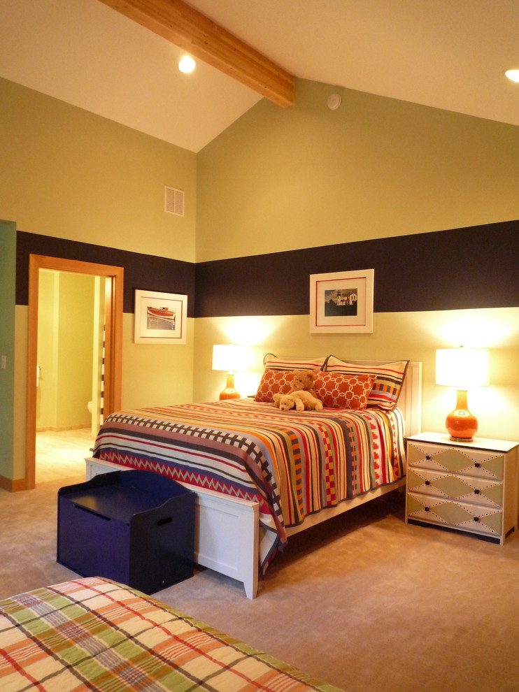 Large mountain style girl carpeted kids' room photo in Portland with multicolored walls
