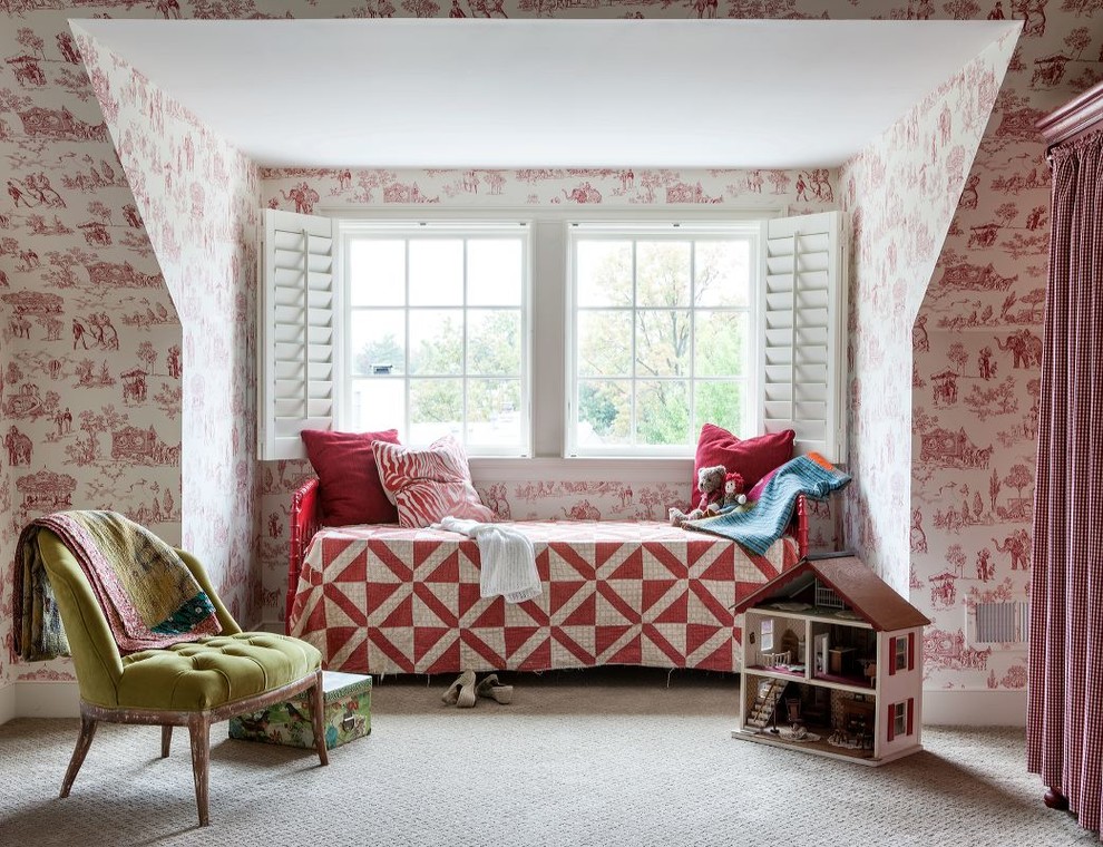 Design ideas for a rural kids' bedroom in DC Metro with multi-coloured walls and carpet.