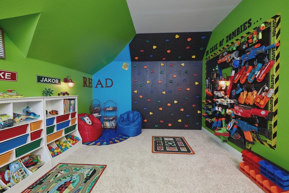 Modern inredning av ett pojkrum, med gröna väggar