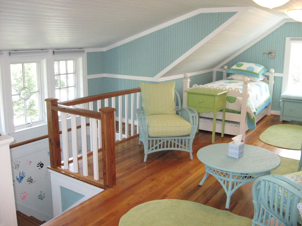 Example of a small classic gender-neutral medium tone wood floor kids' room design in Other with blue walls
