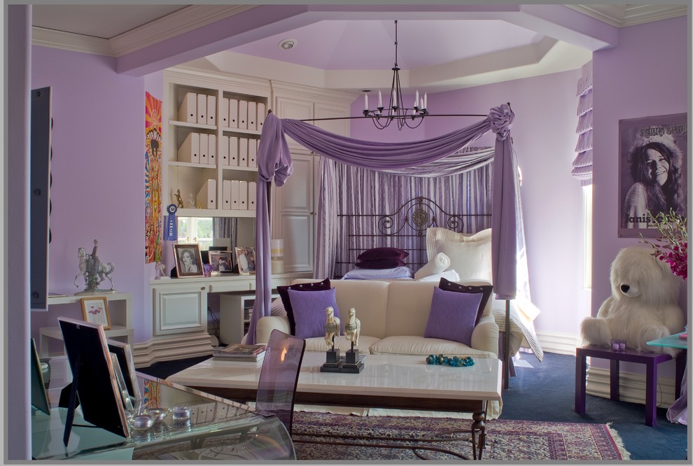 Elegant girl carpeted kids' room photo in Los Angeles with purple walls