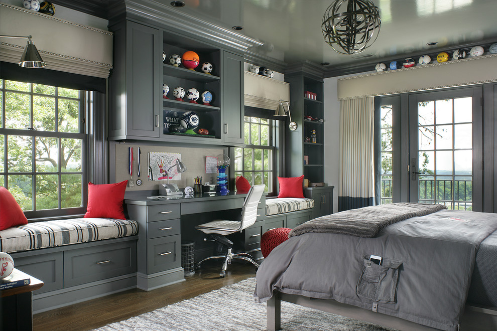 Kids' room - large transitional boy dark wood floor kids' room idea in New York with gray walls