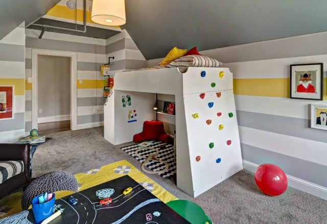 Foto de dormitorio infantil de 1 a 3 años ecléctico de tamaño medio con paredes grises y moqueta