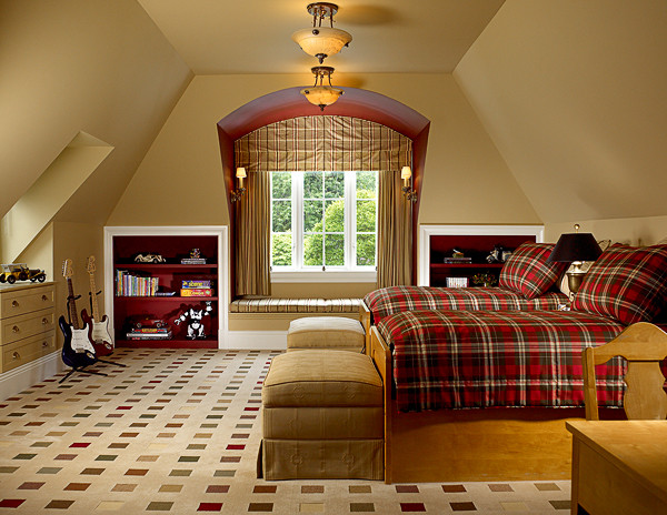Imagen de dormitorio infantil de 4 a 10 años tradicional de tamaño medio con paredes beige y suelo multicolor