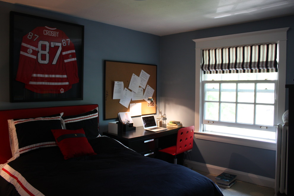 Inspiration för ett mellanstort funkis barnrum kombinerat med sovrum, med blå väggar