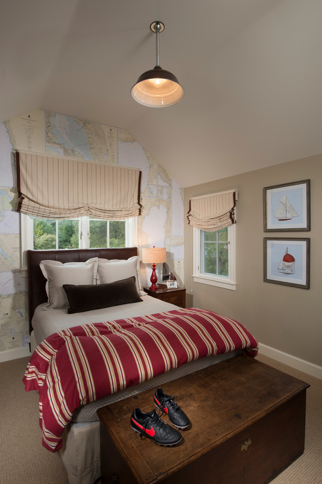 This is an example of a medium sized traditional teen’s room for boys in San Francisco with beige walls and carpet.
