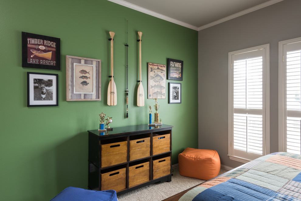 Photo of a medium sized classic teen’s room for boys in Dallas with grey walls, carpet and beige floors.