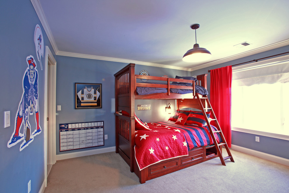 Kids' room - mid-sized traditional boy carpeted kids' room idea in Providence with blue walls