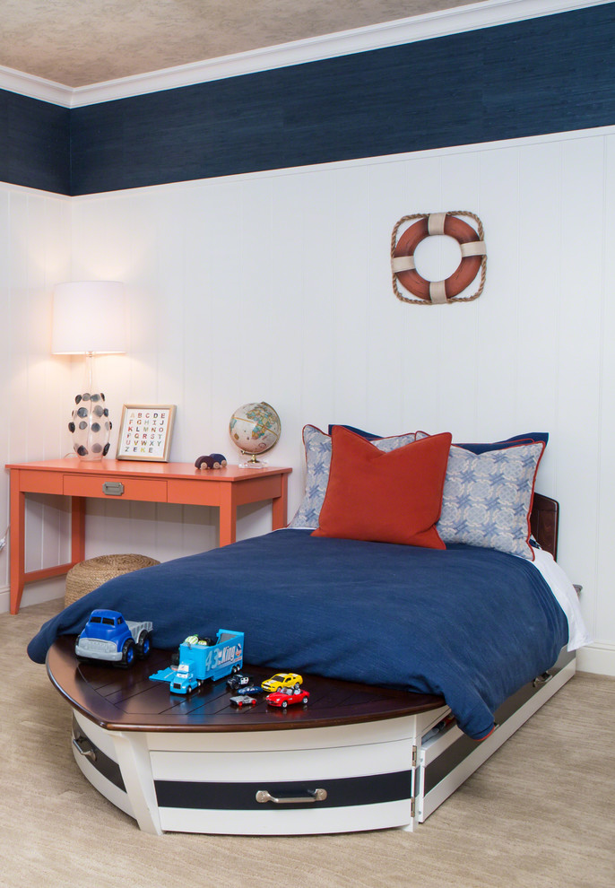 Kids' room - mid-sized traditional boy carpeted kids' room idea in Los Angeles with blue walls