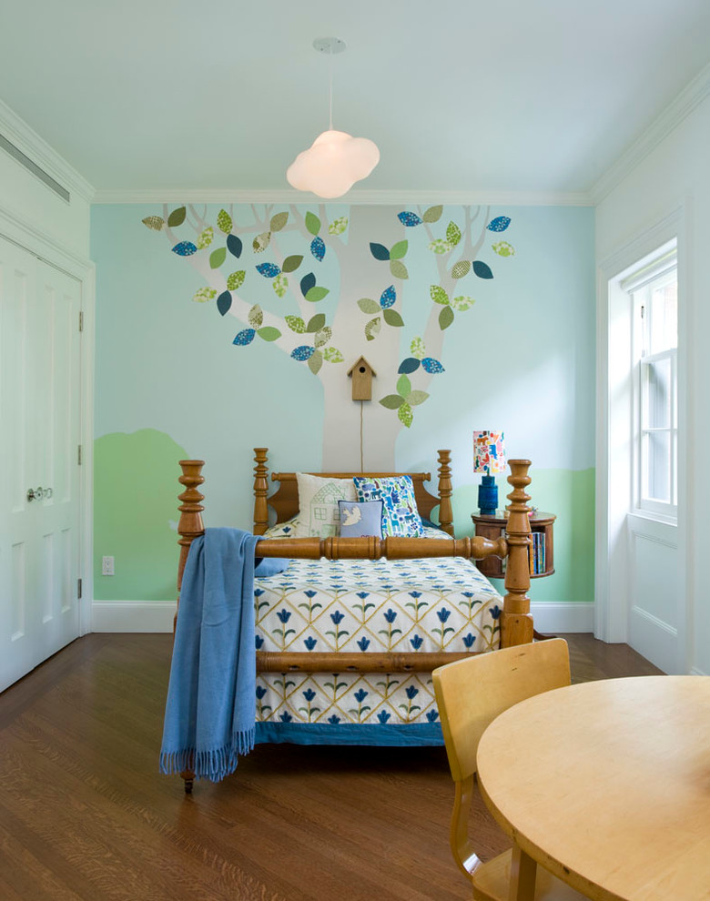 Inspiration for a mid-sized transitional boy medium tone wood floor kids' room remodel in New York with multicolored walls