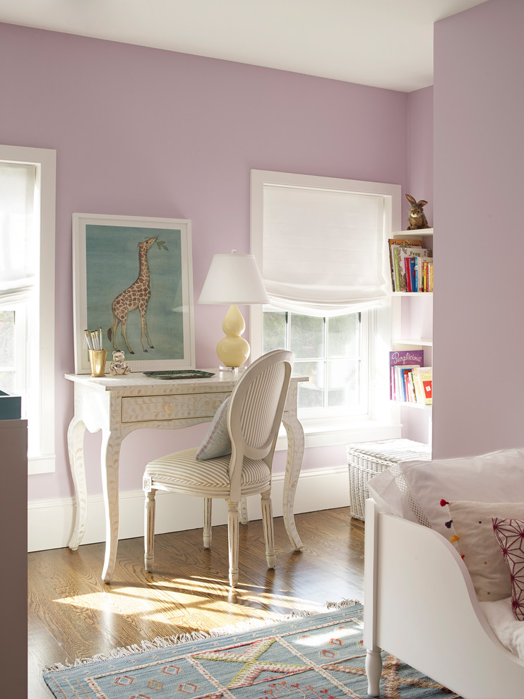 Design ideas for a medium sized romantic children’s room for girls in New York with purple walls, dark hardwood flooring and brown floors.
