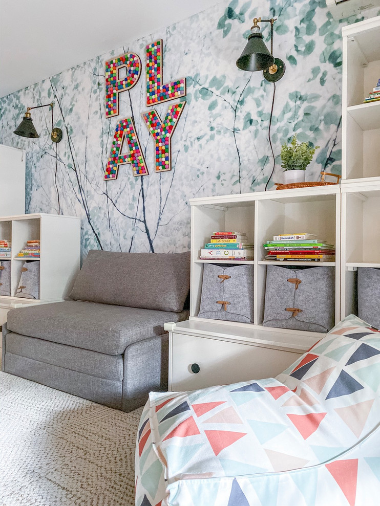 Inspiration for a mid-sized modern gender-neutral carpeted and beige floor kids' room remodel in New York with multicolored walls