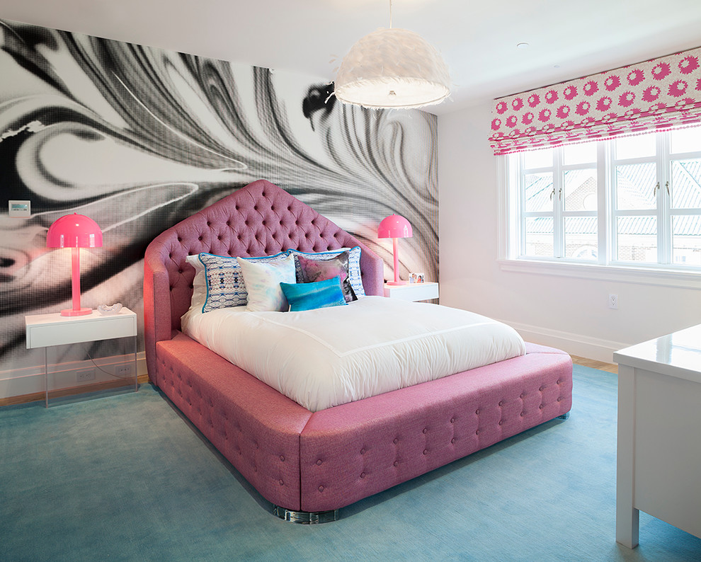Large contemporary teen’s room for girls in New York with white walls, carpet and turquoise floors.