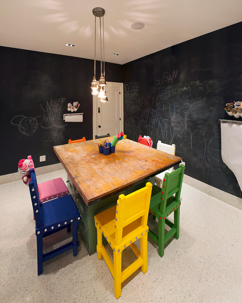 Kids' room - small contemporary gender-neutral ceramic tile kids' room idea in New York with black walls