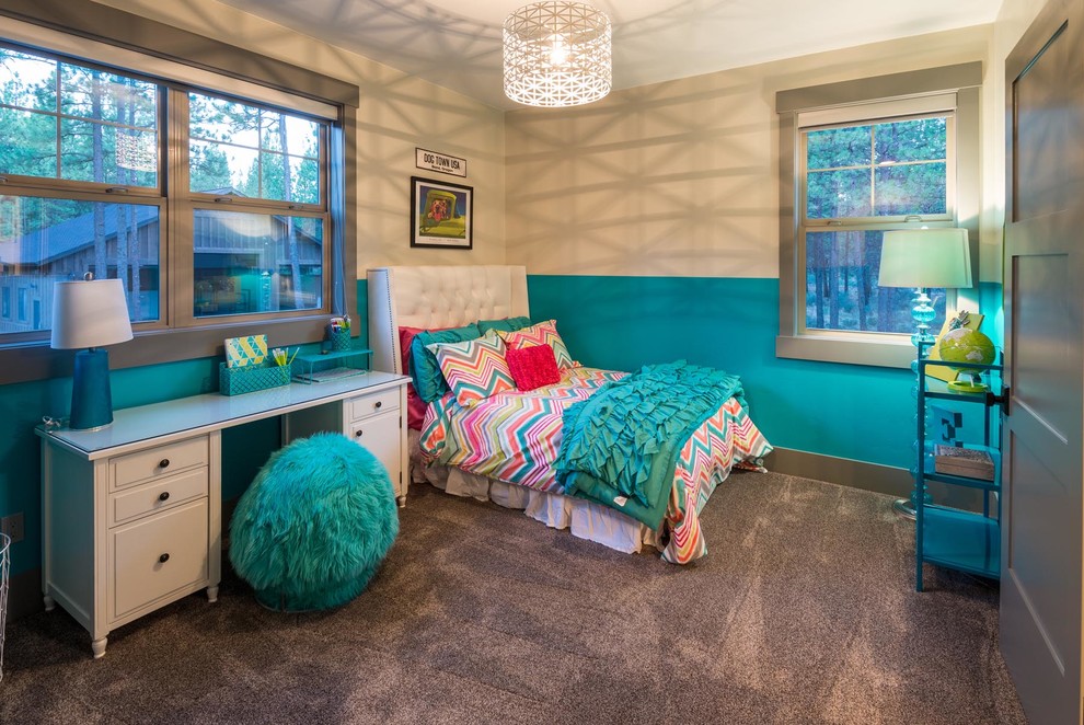 Пример оригинального дизайна: детская в стиле неоклассика (современная классика) с спальным местом, синими стенами и ковровым покрытием для подростка, девочки