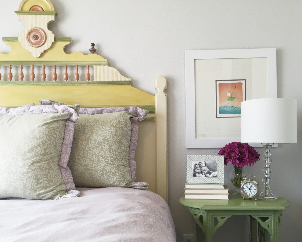 Inspiration for a mid-sized transitional girl carpeted kids' room remodel in Denver with gray walls