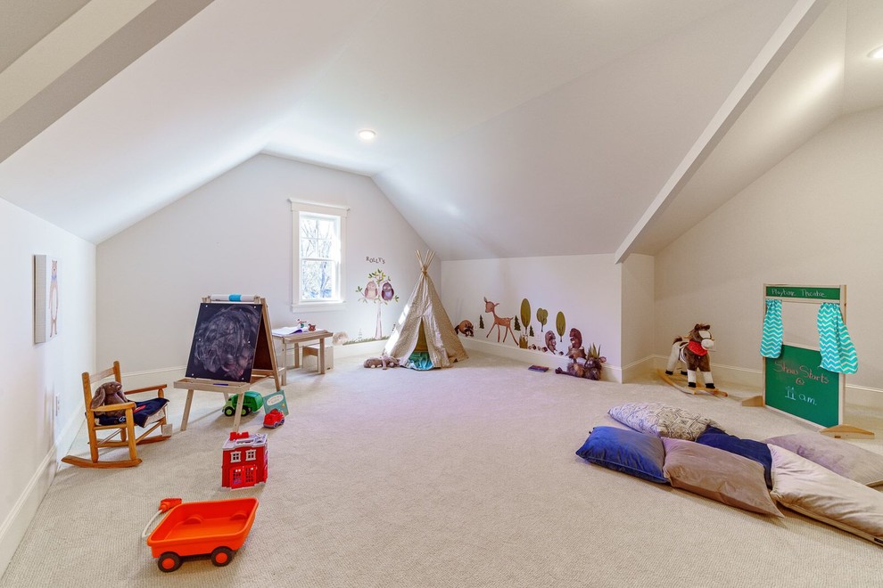 Inspiration för ett stort könsneutralt barnrum kombinerat med lekrum och för 4-10-åringar, med grå väggar, heltäckningsmatta och vitt golv