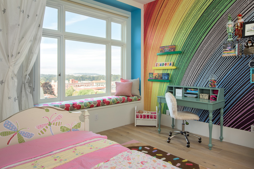 Kids' bedroom - transitional girl light wood floor and beige floor kids' bedroom idea in San Francisco with yellow walls